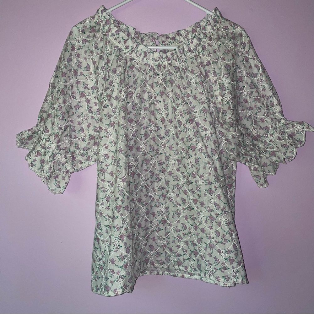NEW Jennifer & Grace L Blouse Lavender Ditsy Floral Eyelet Puff Ruffle Prairie